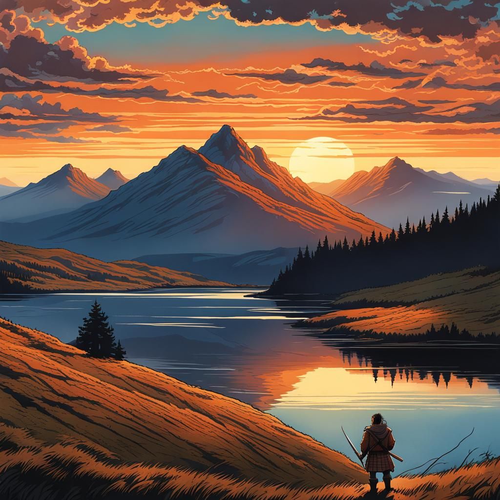 Highlands Sunset with Knitting Medieval Fighter