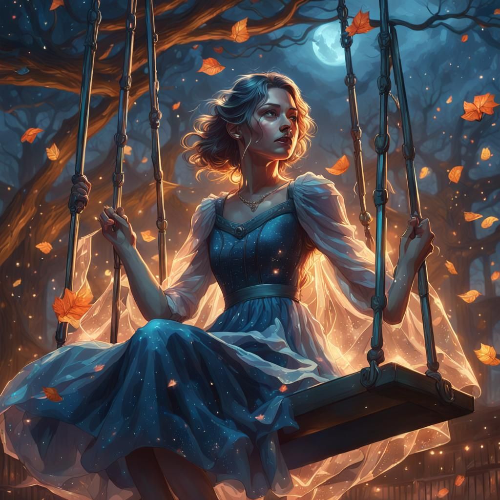 Woman in Glass Dress on Swing, Hyperdetailed Art