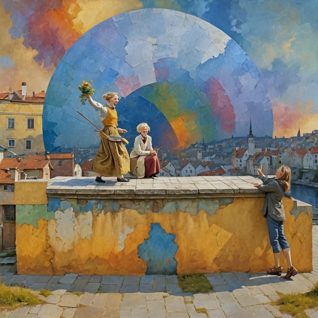 Laughing Sisters in Detailed Matte Painting Style