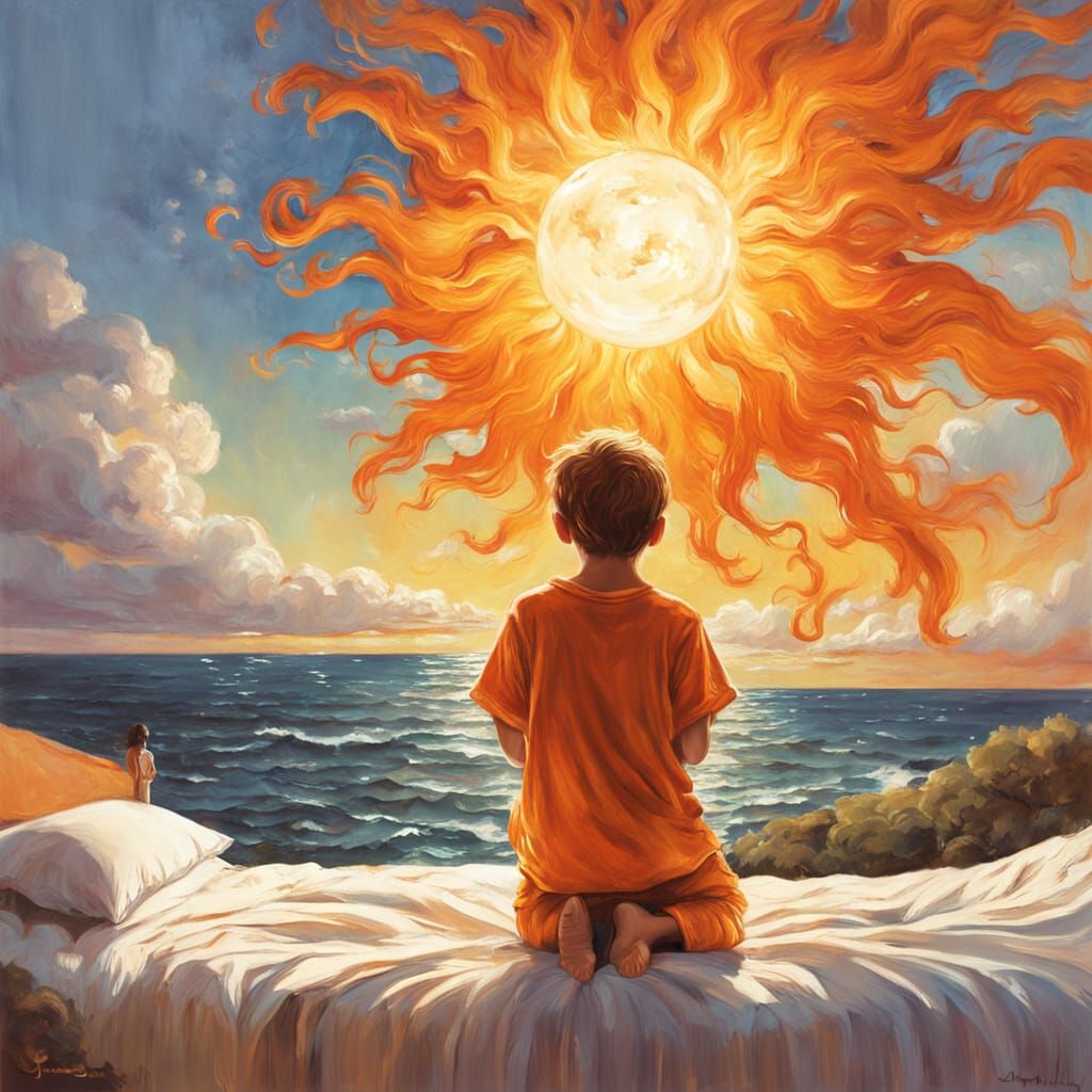 Child Wakes Giant Sun in Whimsical Oil Painting