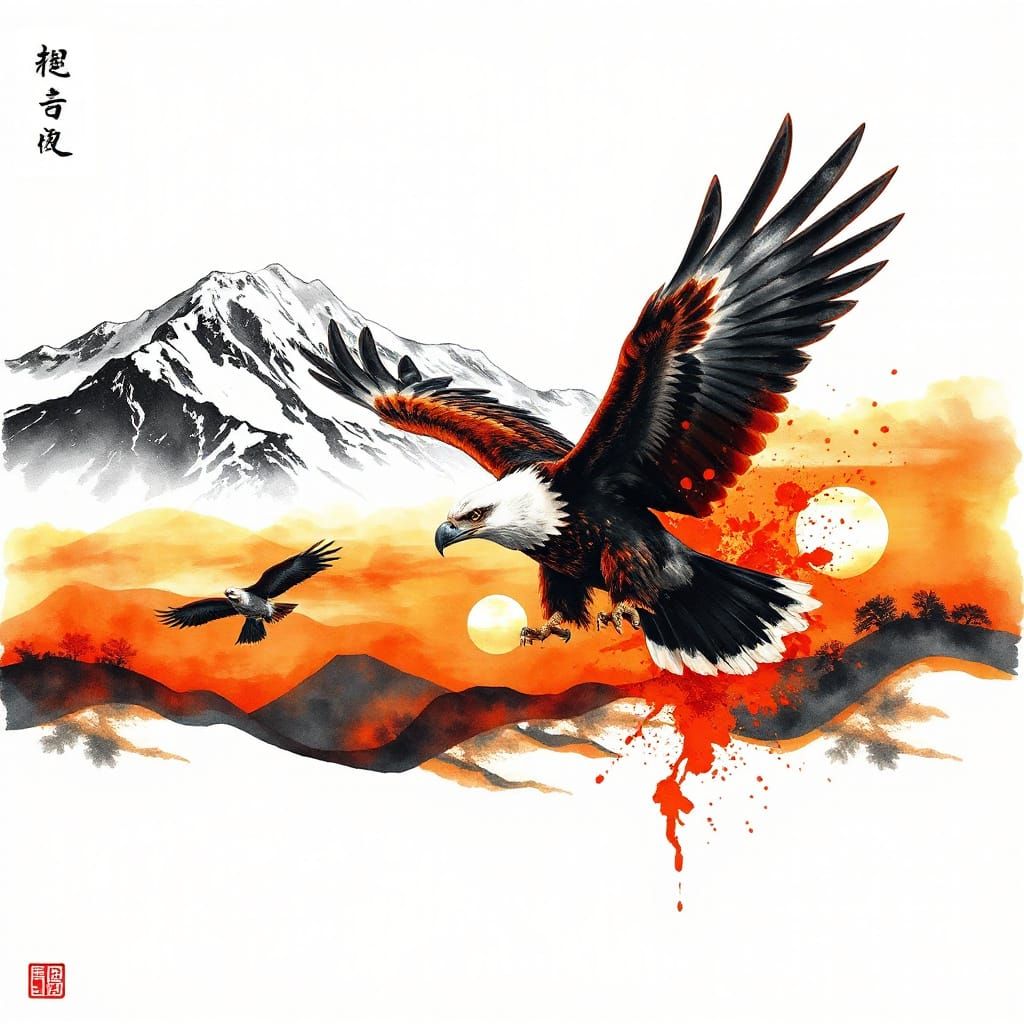 Eagle in Fiery Autumn Sunset Mountains, Chinese Ink Style