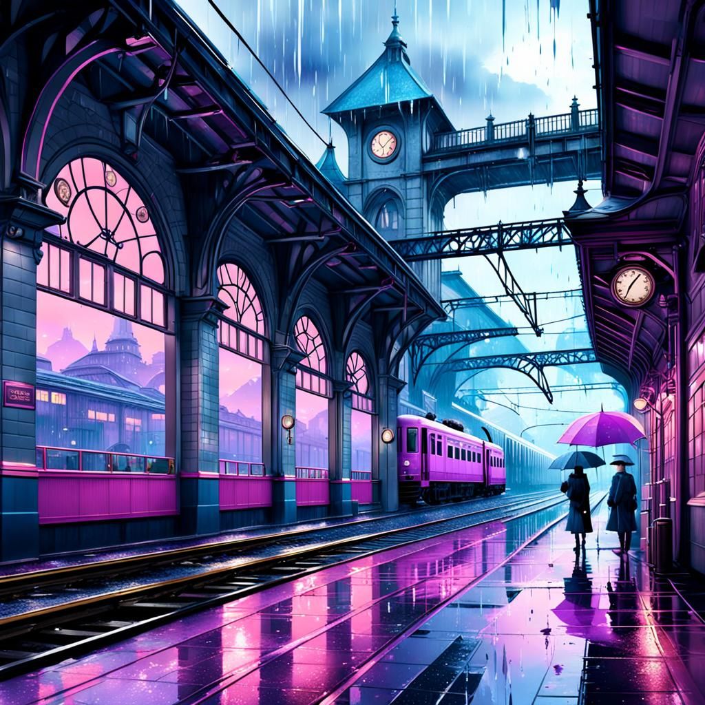 Rainy Train Station: A Detailed Watercolor Painting