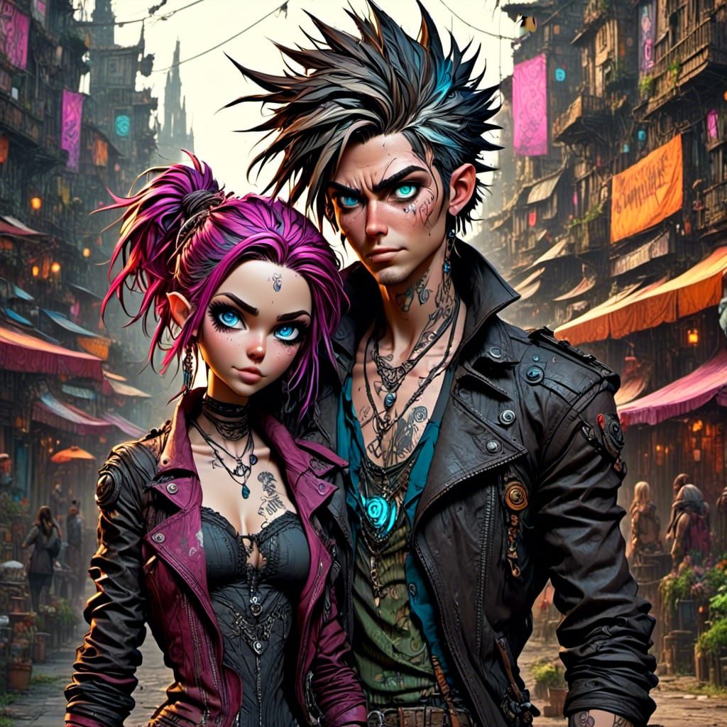 Cyberpunk Couple in Dystopian City: Photorealistic Style