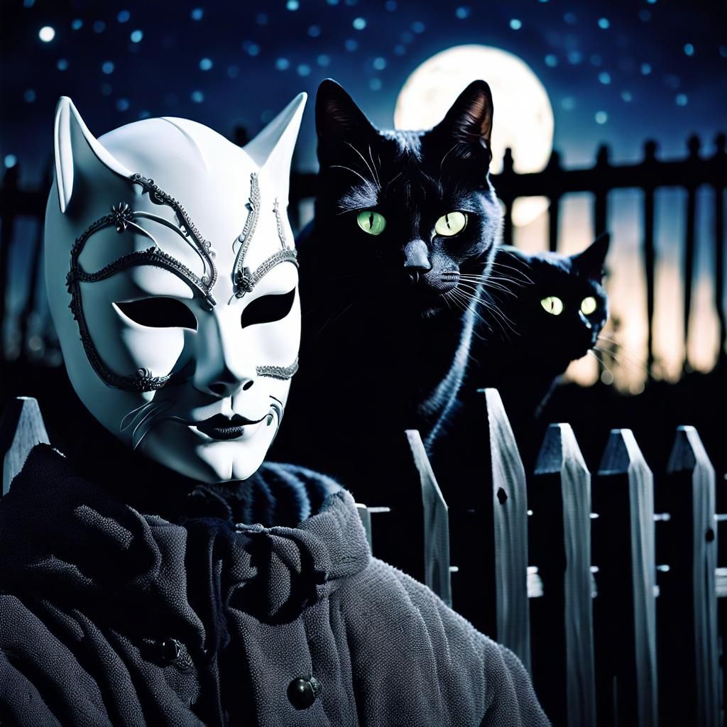 Porcelain Mask and Black Cat in Moonlight