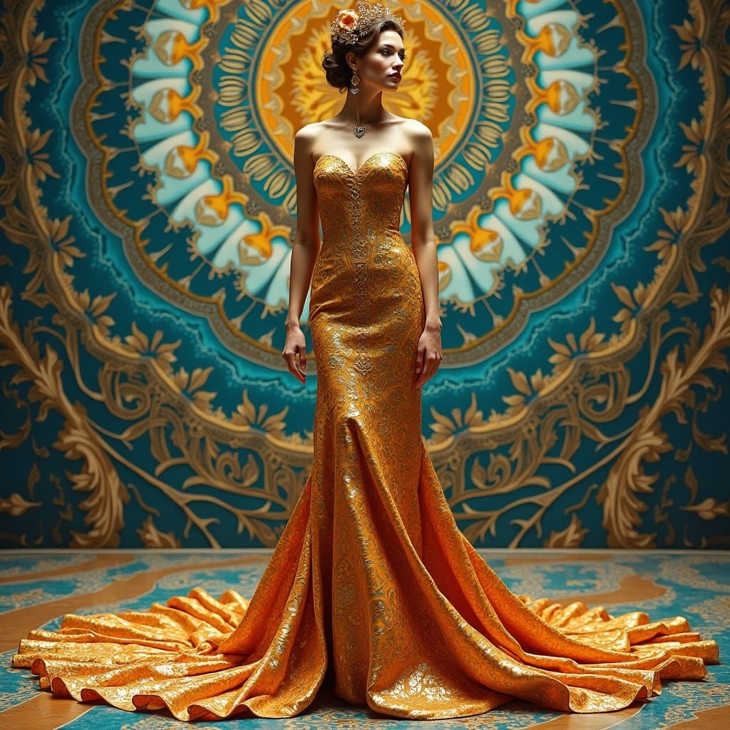 Woman in Ornate Gown with Klimt-Style Geometric Patterns