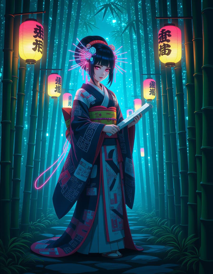 Cyberpunk Shrine Maiden in Holographic Bamboo Forest