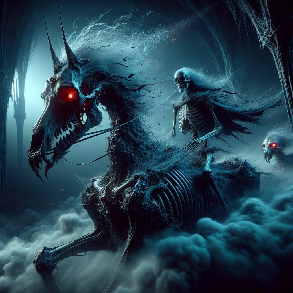 Skeletal Wraith Rides Ghost Horse in Spectral Realm
