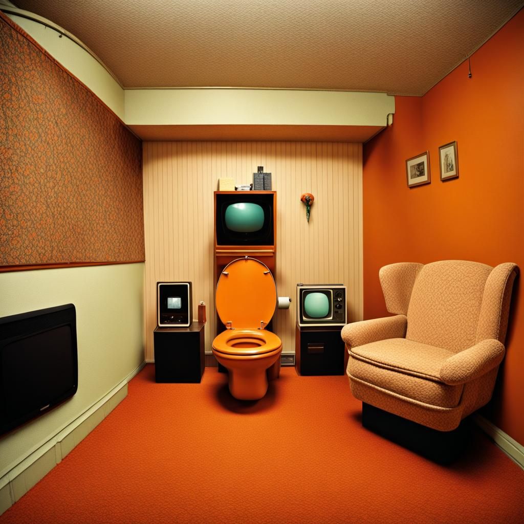 Vintage Toilet TV in 70s Living Room