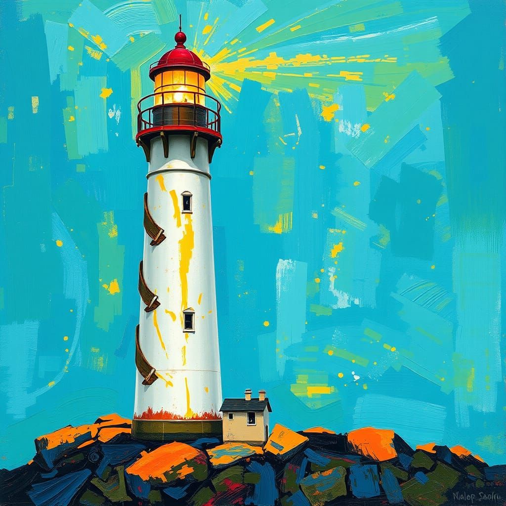 Lighthouse in Abstract Expressionist Oil Painting Style