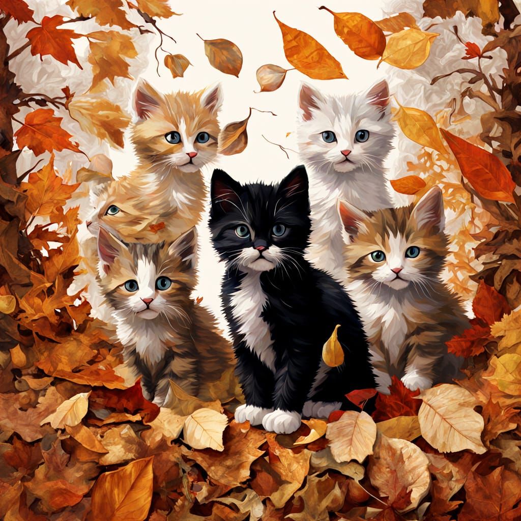 Kittens Play in Autumn Leaves Mixed Media Collage