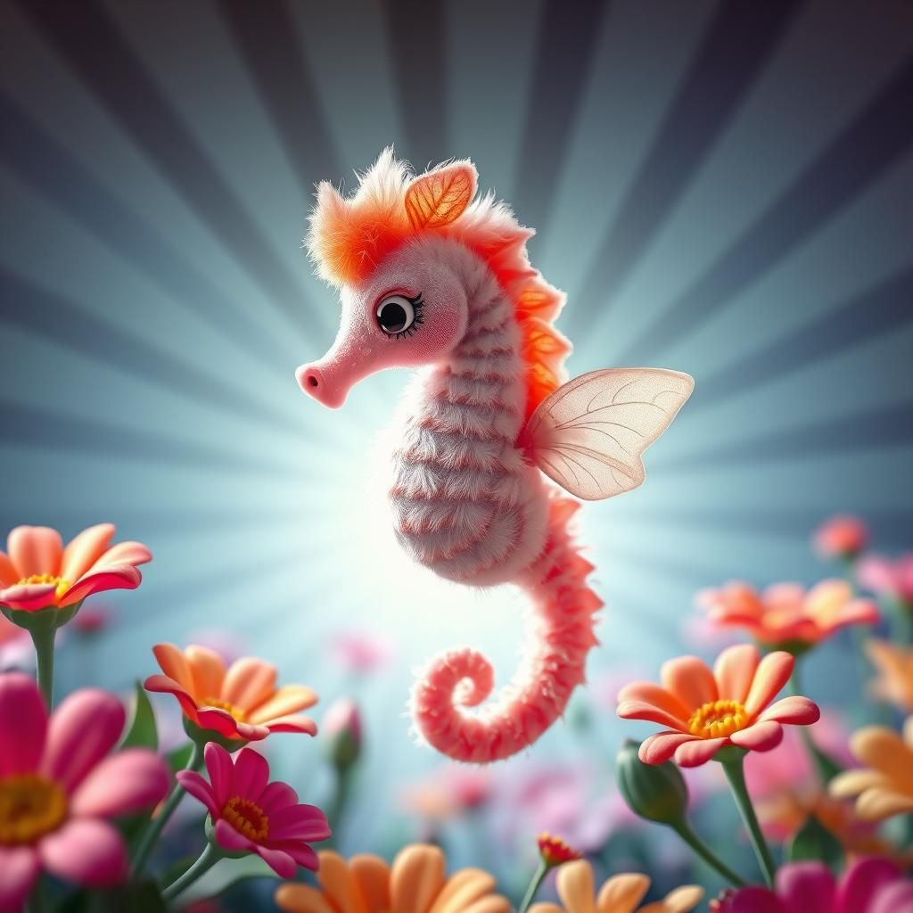 Flying Seahorse in Whimsical Garden: Pixar-Inspired 3D Art