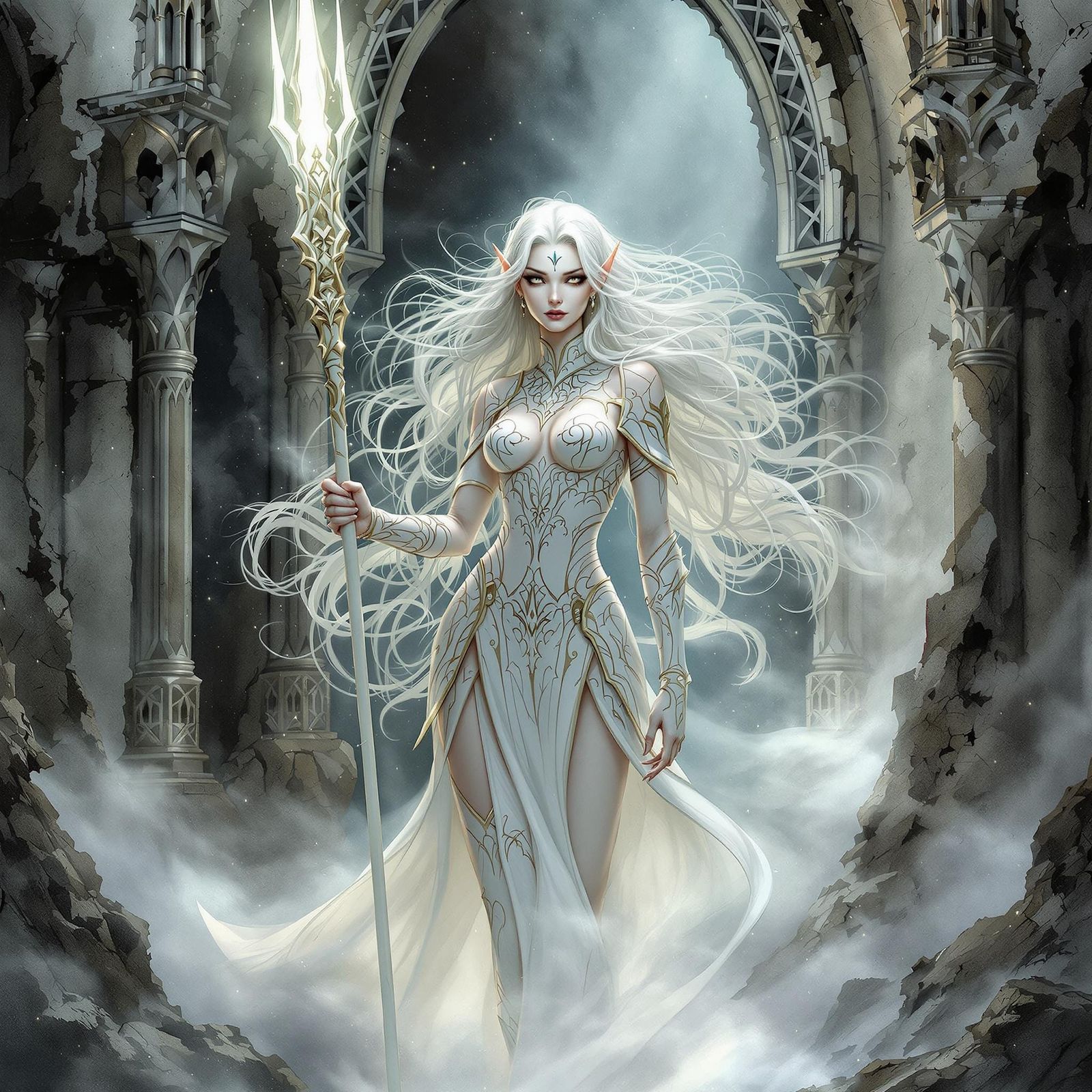 Ethereal Elf Warrior in Gothic Archway
