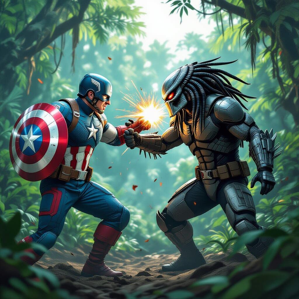 Captain America vs Predator in Jungle Combat