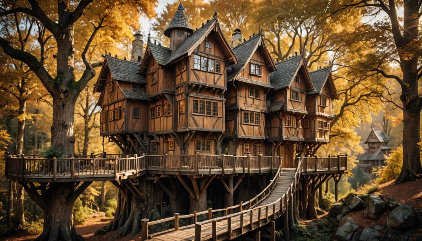 Majestic Treehouse Architecture in Autumn Sunlight