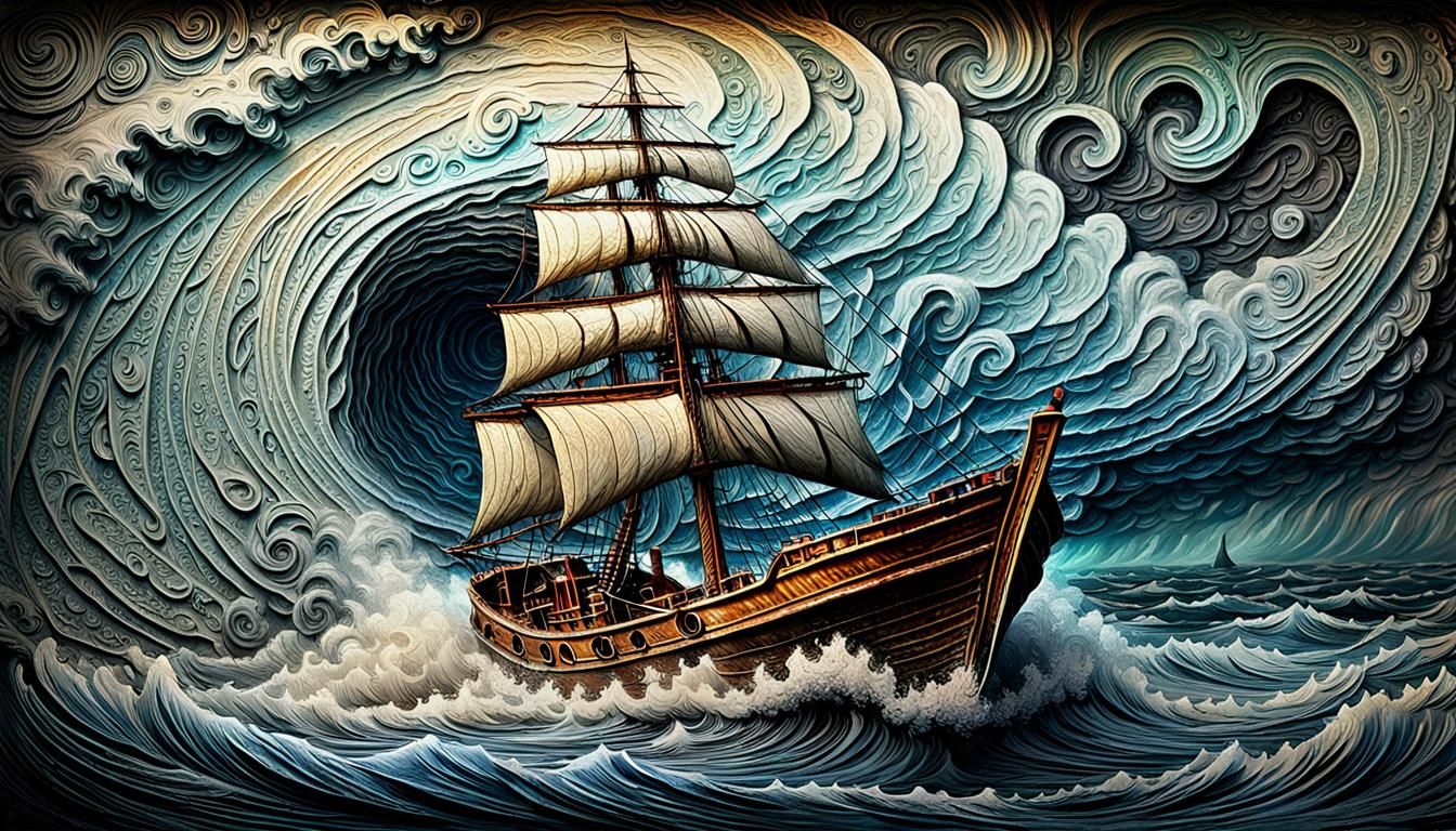Embossed Boat in Tornado, Fantasy Digital Art