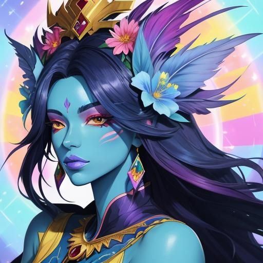 Rainbow Dragon Woman with Flower Crown in Anime Style