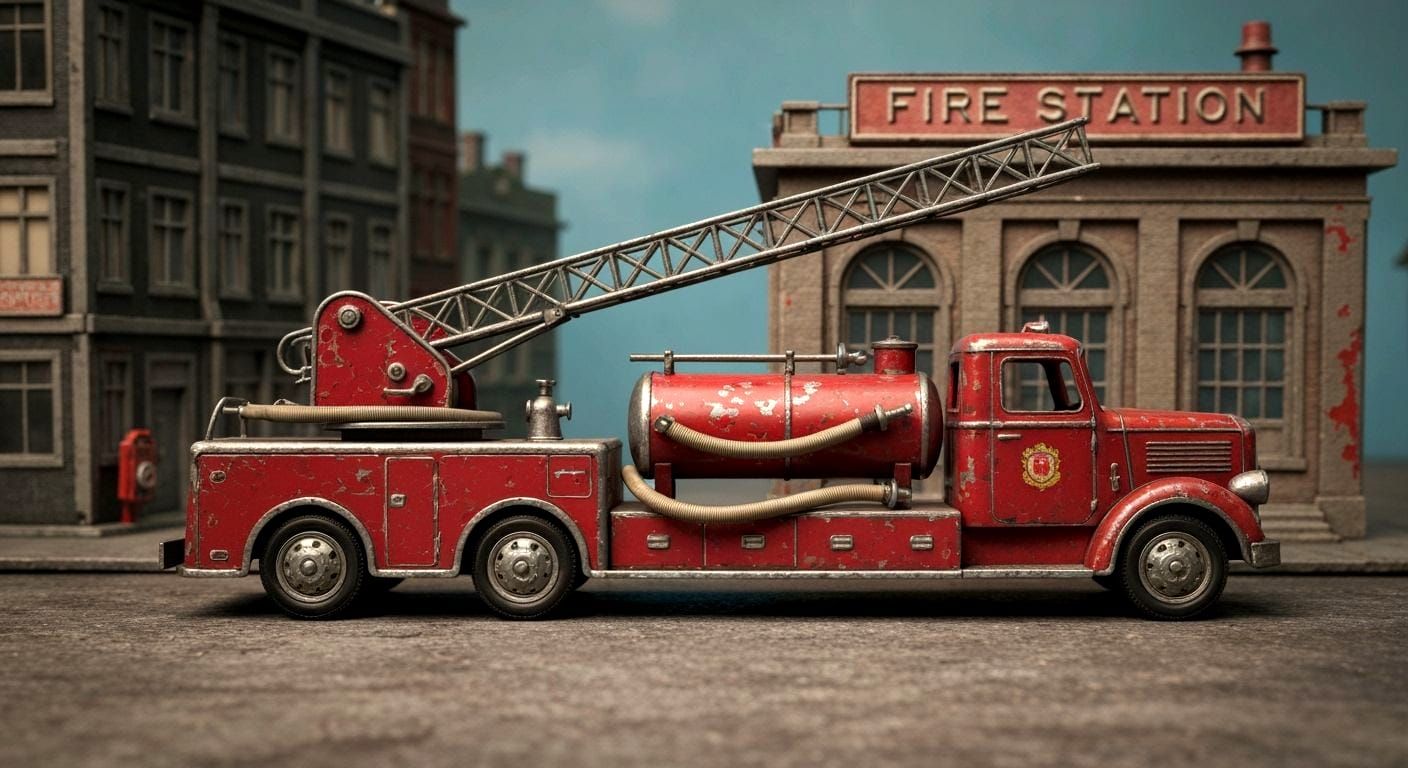Antique Toy Firetruck in Scale Model City