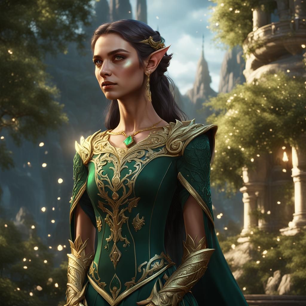 Female Elf in Green Wedding Dress, Detailed Matte Painting