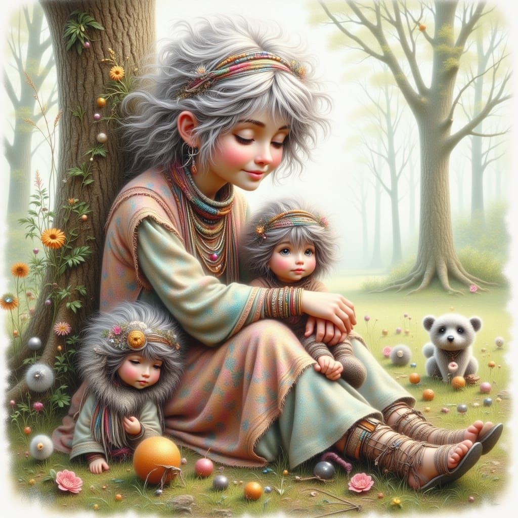 Whimsical Watercolor Sketch of Grandmother and Children by a...