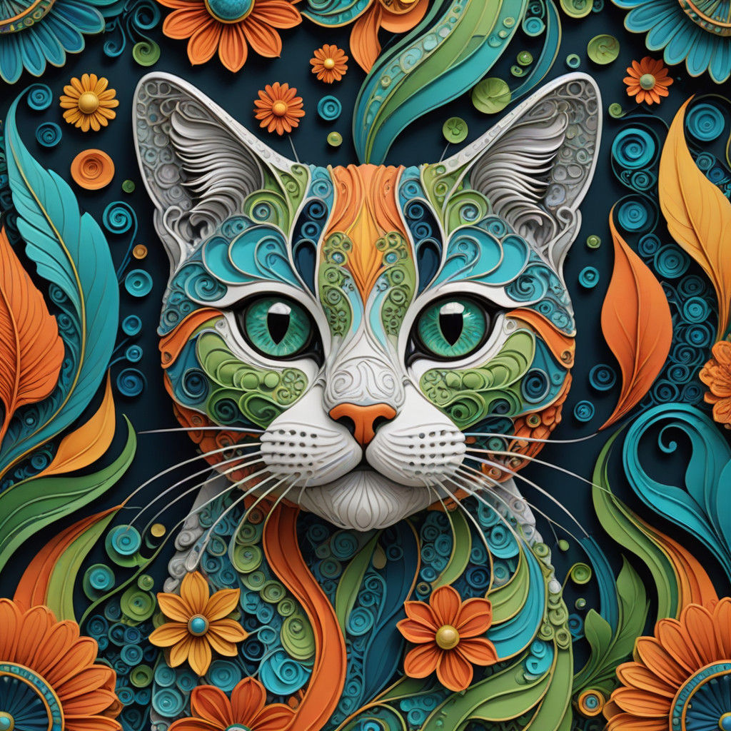 Vibrant Portrait of a Whimsical Cat in Niki de St. Phalle St...