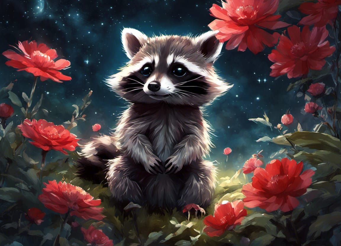 Constellation Raccoon Cub Among Bioluminescent Flowers