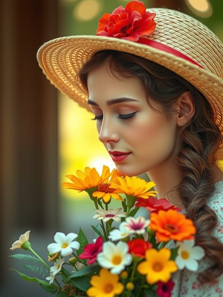 Woman Smelling Flowers in Dreamy Vintage Illustration Style