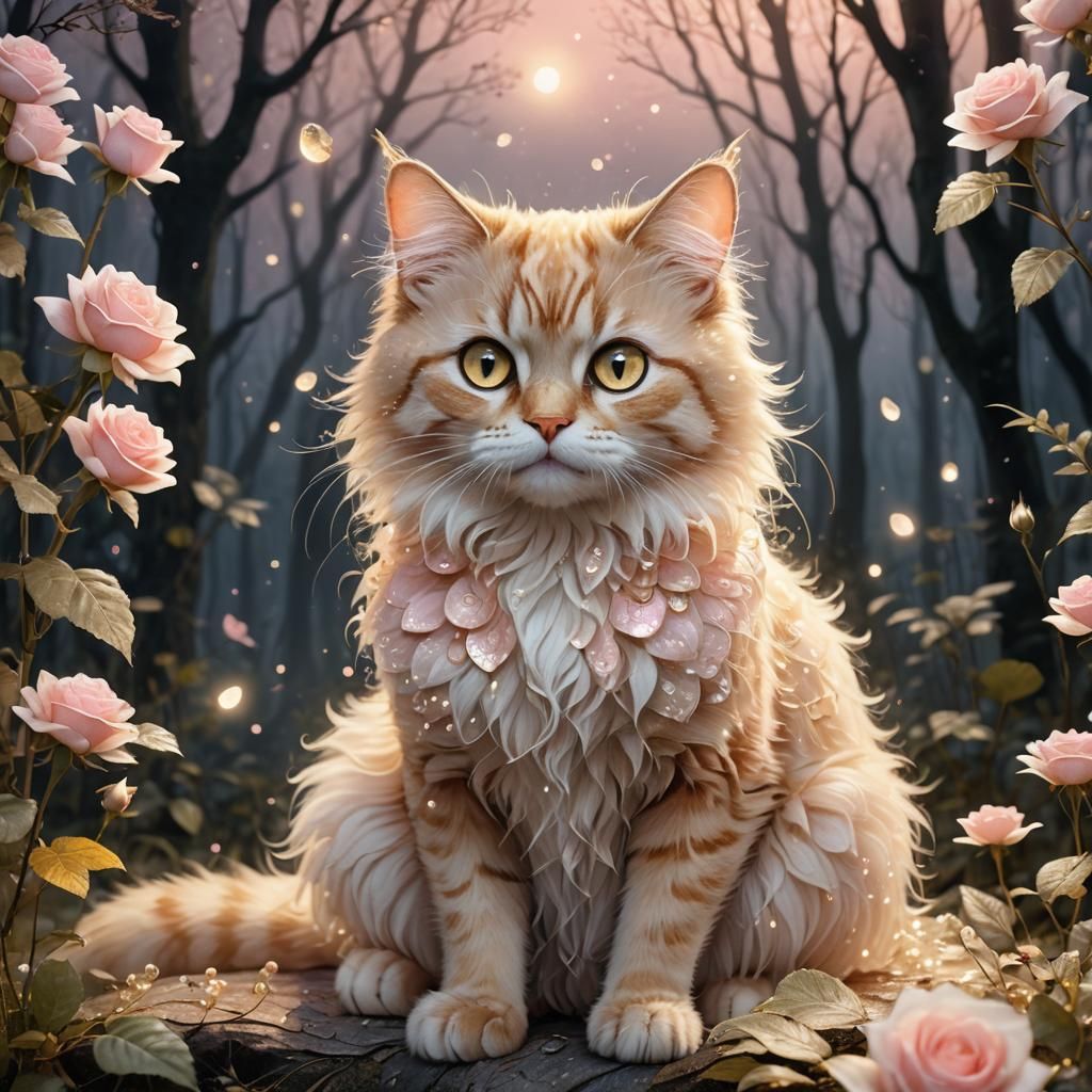 A small cat made from golden/ pink rose lace