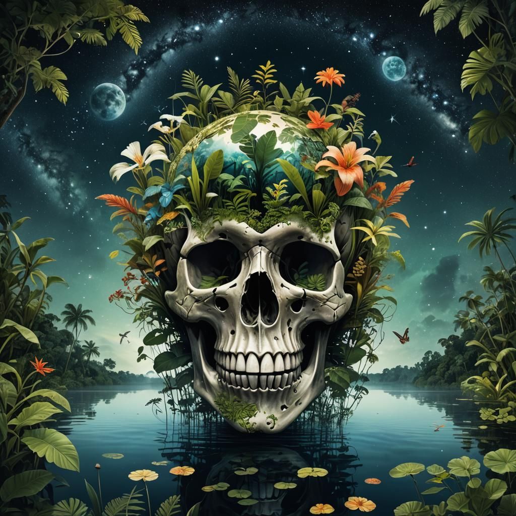 Jungle Skull Floating Under Milky Way, Escher Style