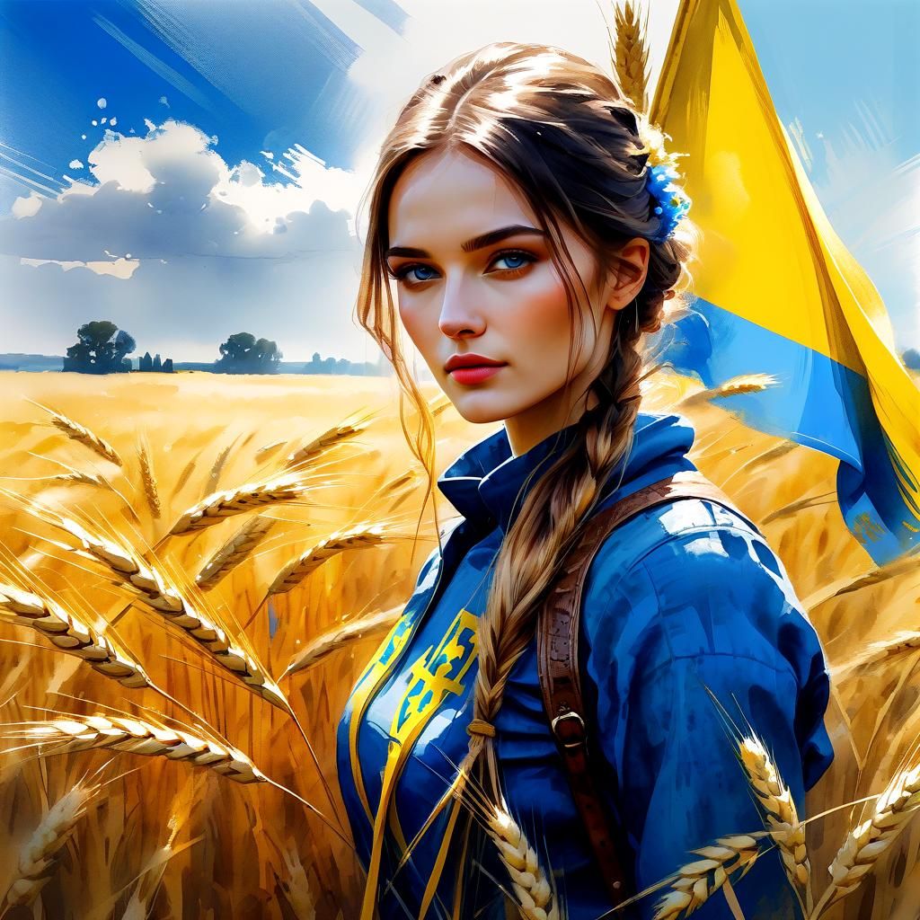 Ukrainian Girl in Wheat Field: Watercolor Art