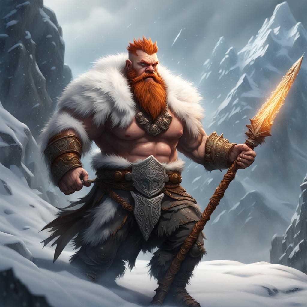 Furious Ginger Dwarf Barbarian in Snowy Landscape