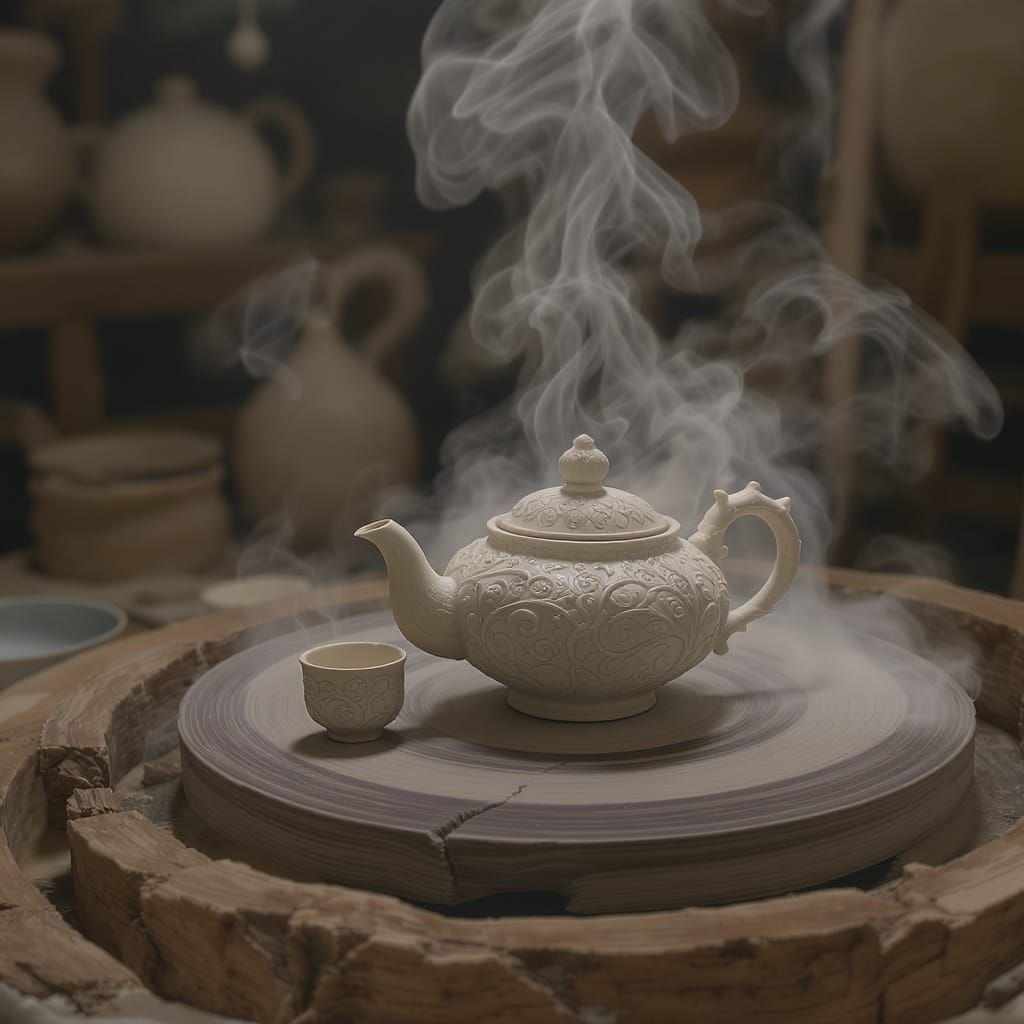Ethereal Clay Teaset on Potter's Wheel as Digital Art