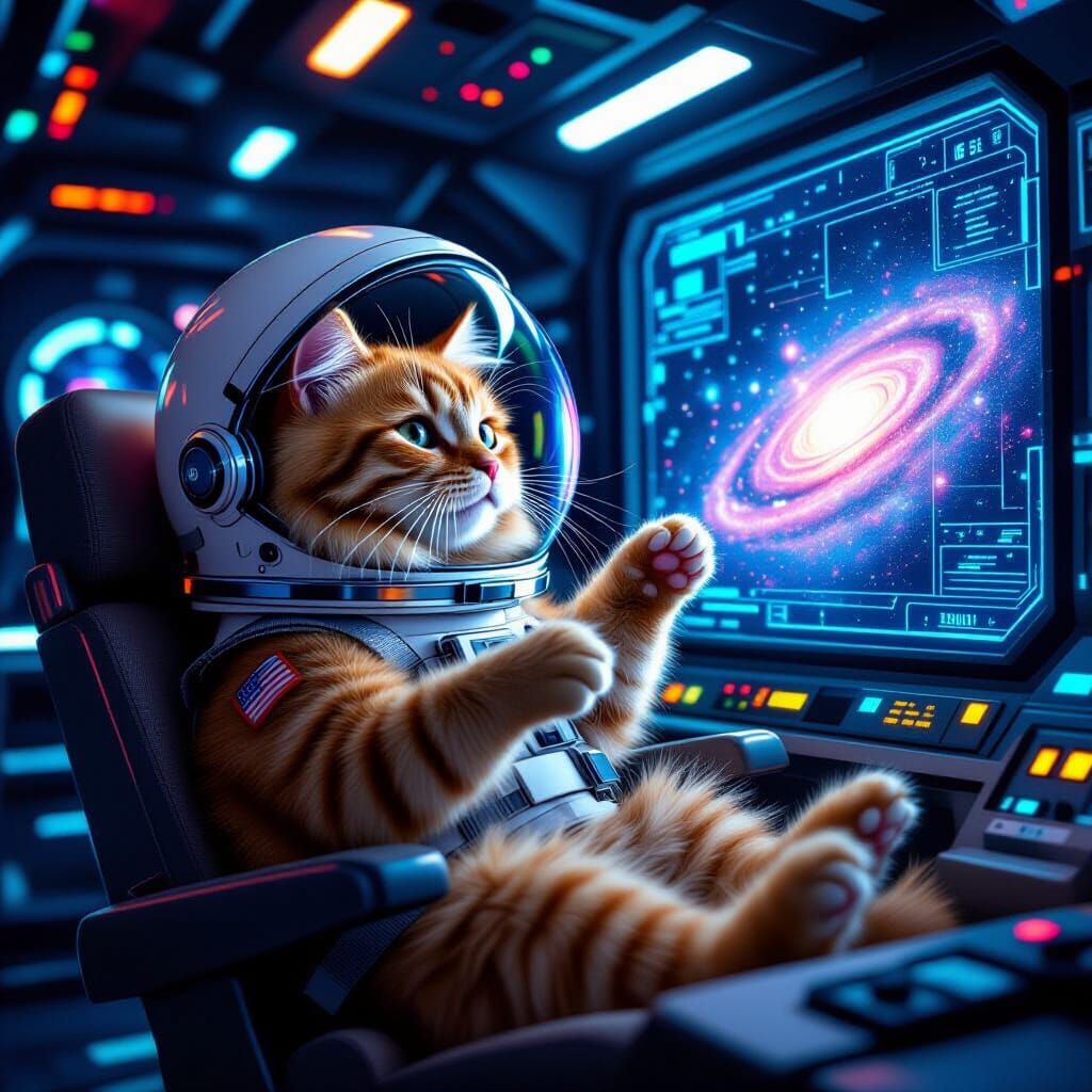 Ginger Cat Astronaut in Retro Spaceship