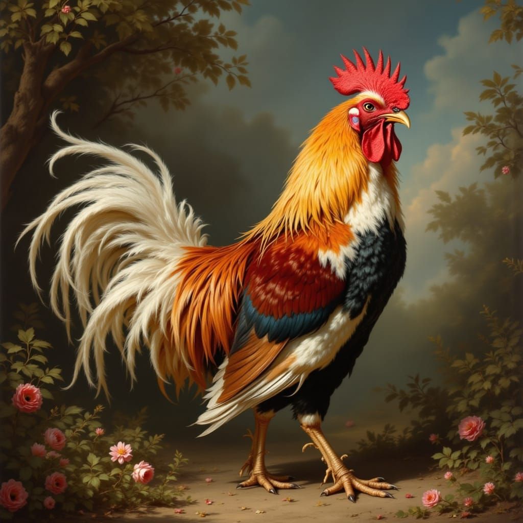 Proud Rooster with Golden Feathers in Rococo Style