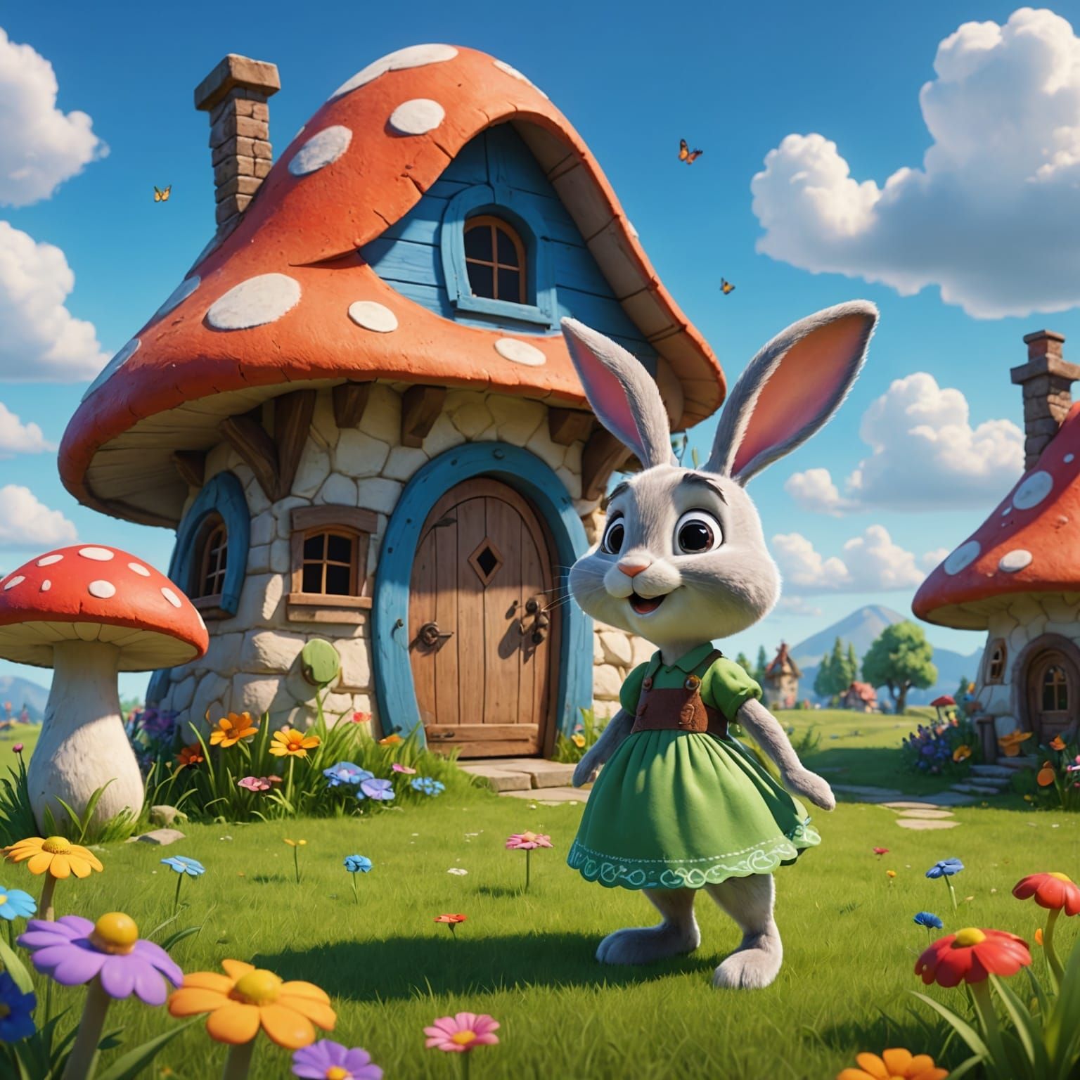 Bunny Chatting Near Mushroom House: 3D Digital Art