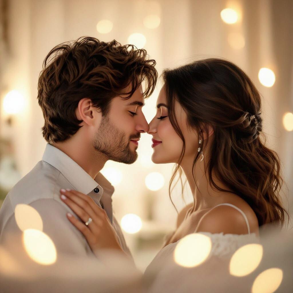 Romantic Couple in Tender French Kiss, Photorealistic Style