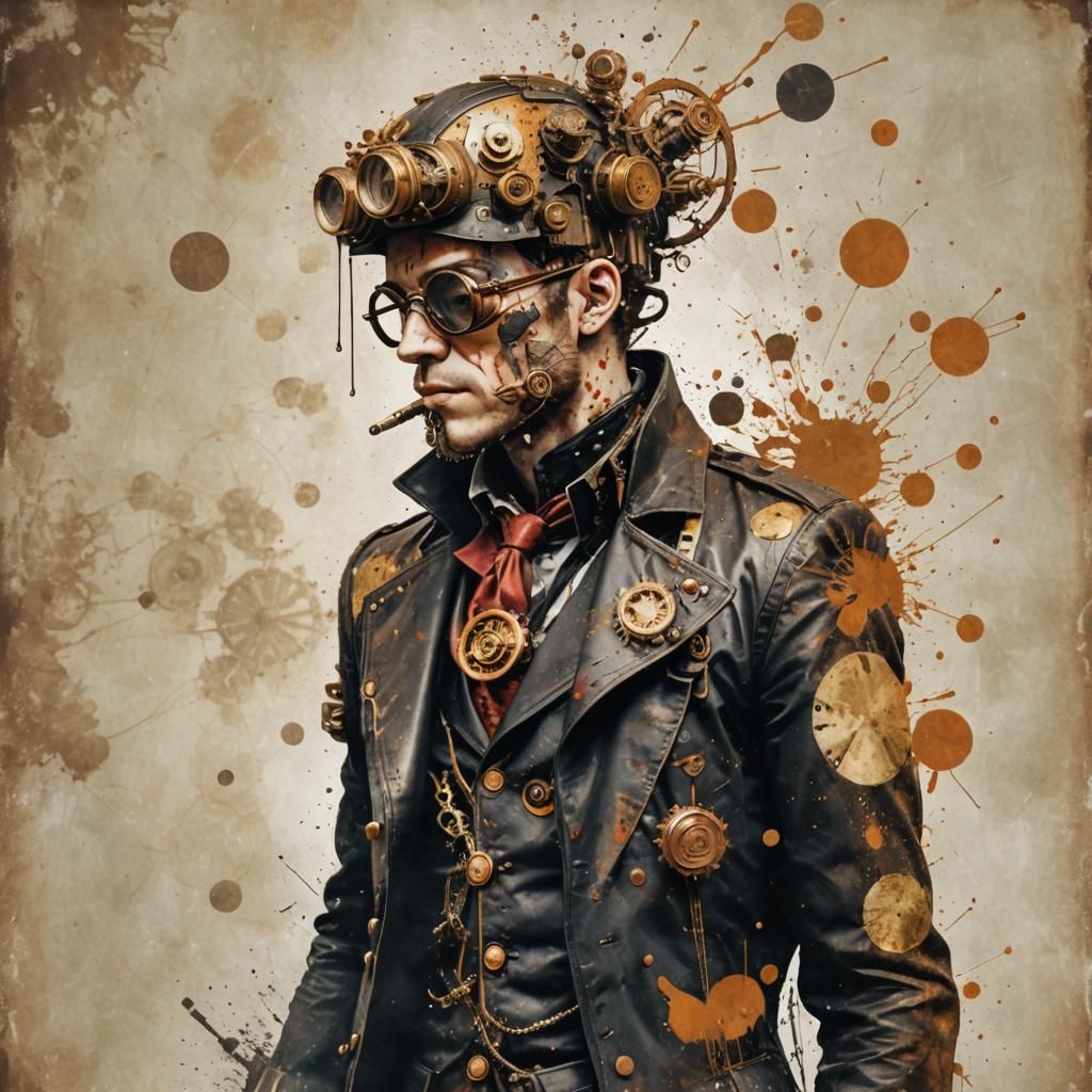 Steampunk Portrait with Edo Art and Double Exposure