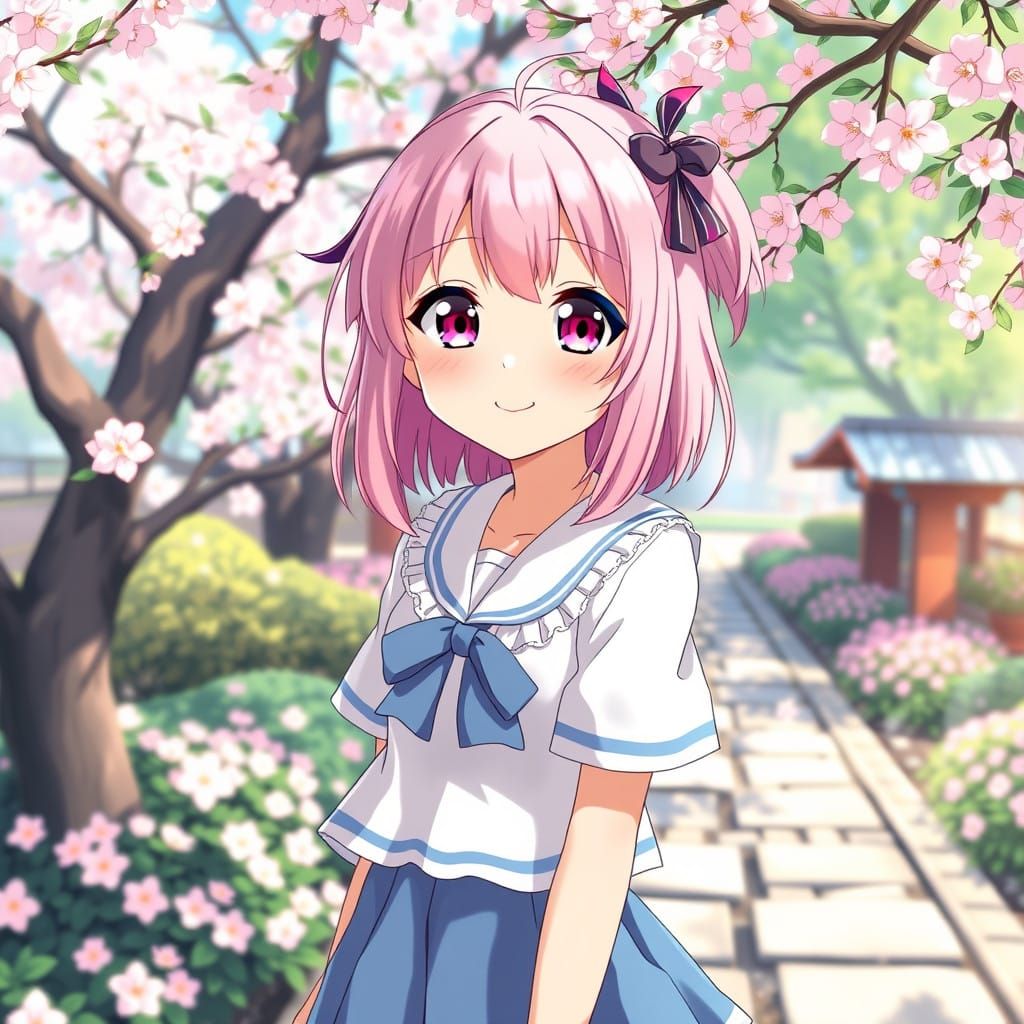 Pastel-Haired Anime Girl in Cherry Blossom Garden