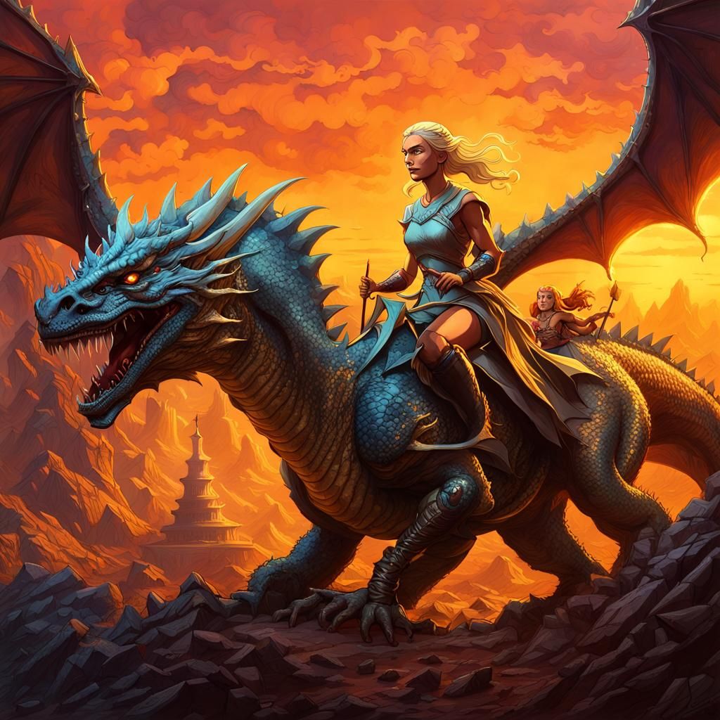 Daenerys and He-Man Ride Dragon in Gothic Fantasy Art