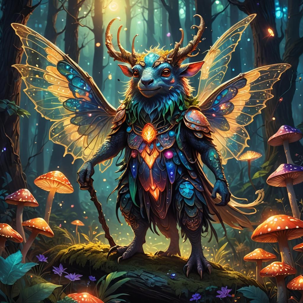 Mystical Forest Creature with Glowing Wings