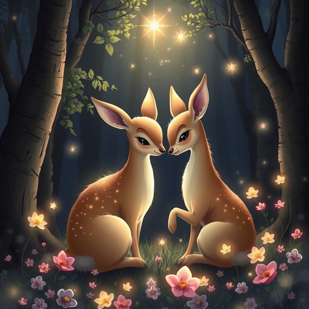 Elegant Owls Embrace in Moonlit Forest