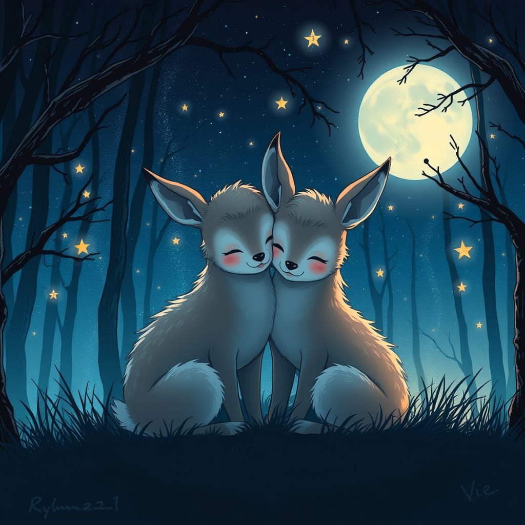 Two Owls Embracing Under the Starry Night Sky