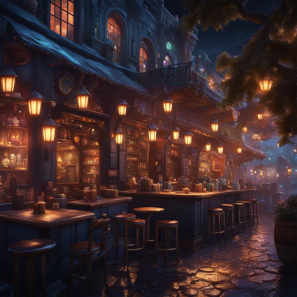 Fantastical Night Cafe in Detailed Matte Painting