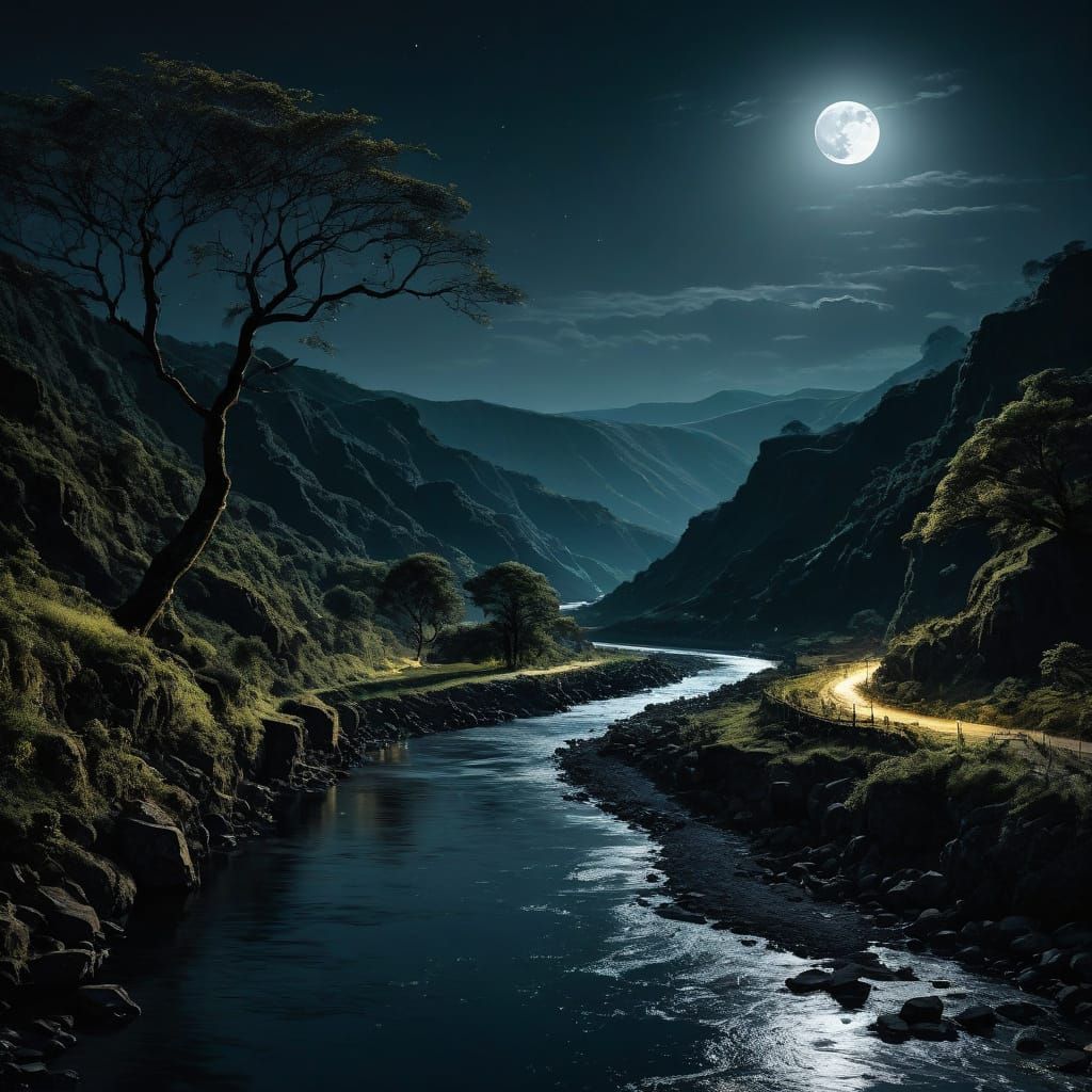 Moonlit River Gorge at Night