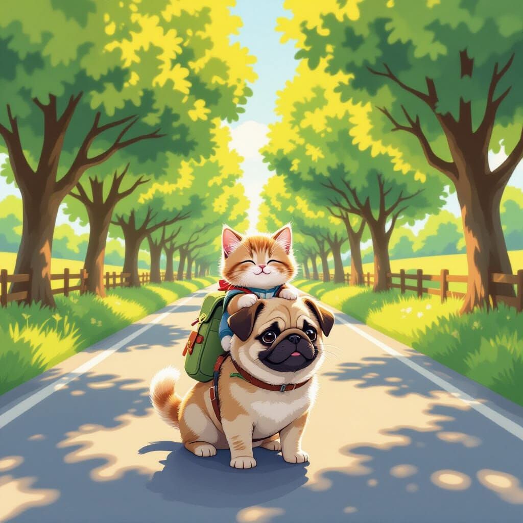Kitten Backpacking on Pug, Ghibli-esque Watercolor Style