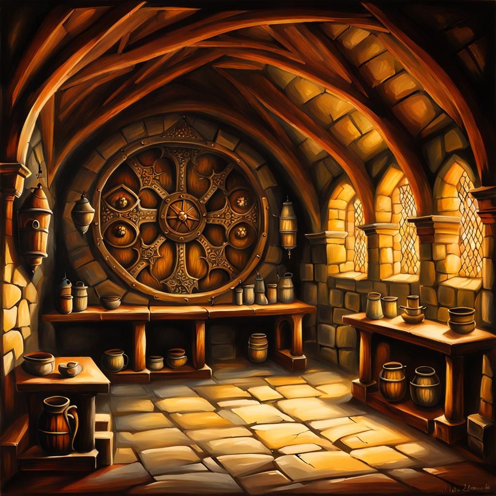 Inside a Chamber, Medieval Lairs, clean oil painted airbrush,