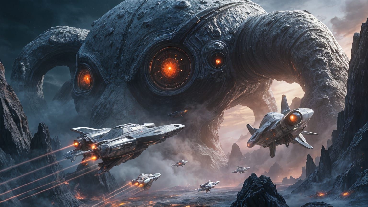 Futuristic Spaceships Engage in Epic Battle with a Dark, Eye...