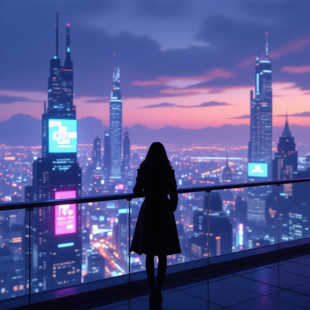 Woman on Balcony Overlooking Futuristic Cityscape at Twiligh...