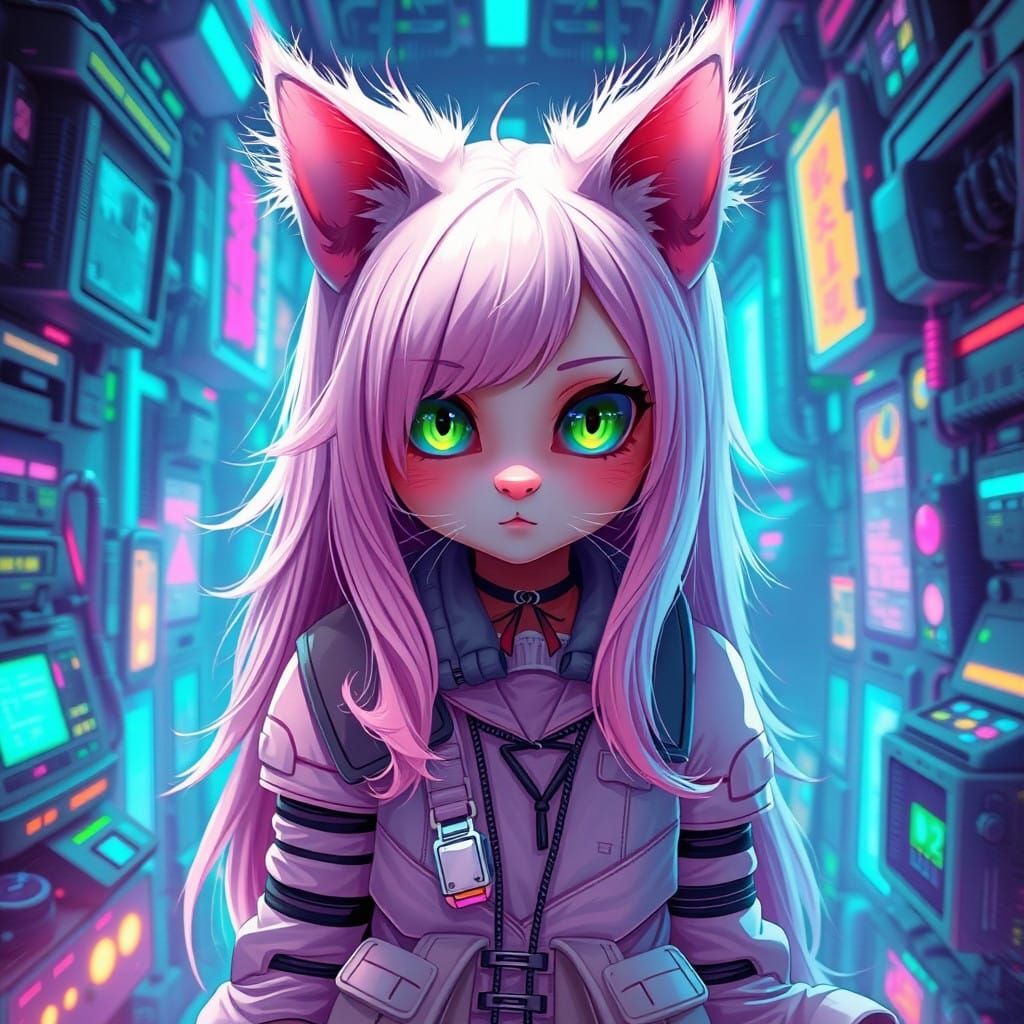 Pastel Cyberpunk Neko Cat Girl in Distorted Futuristic Envir...