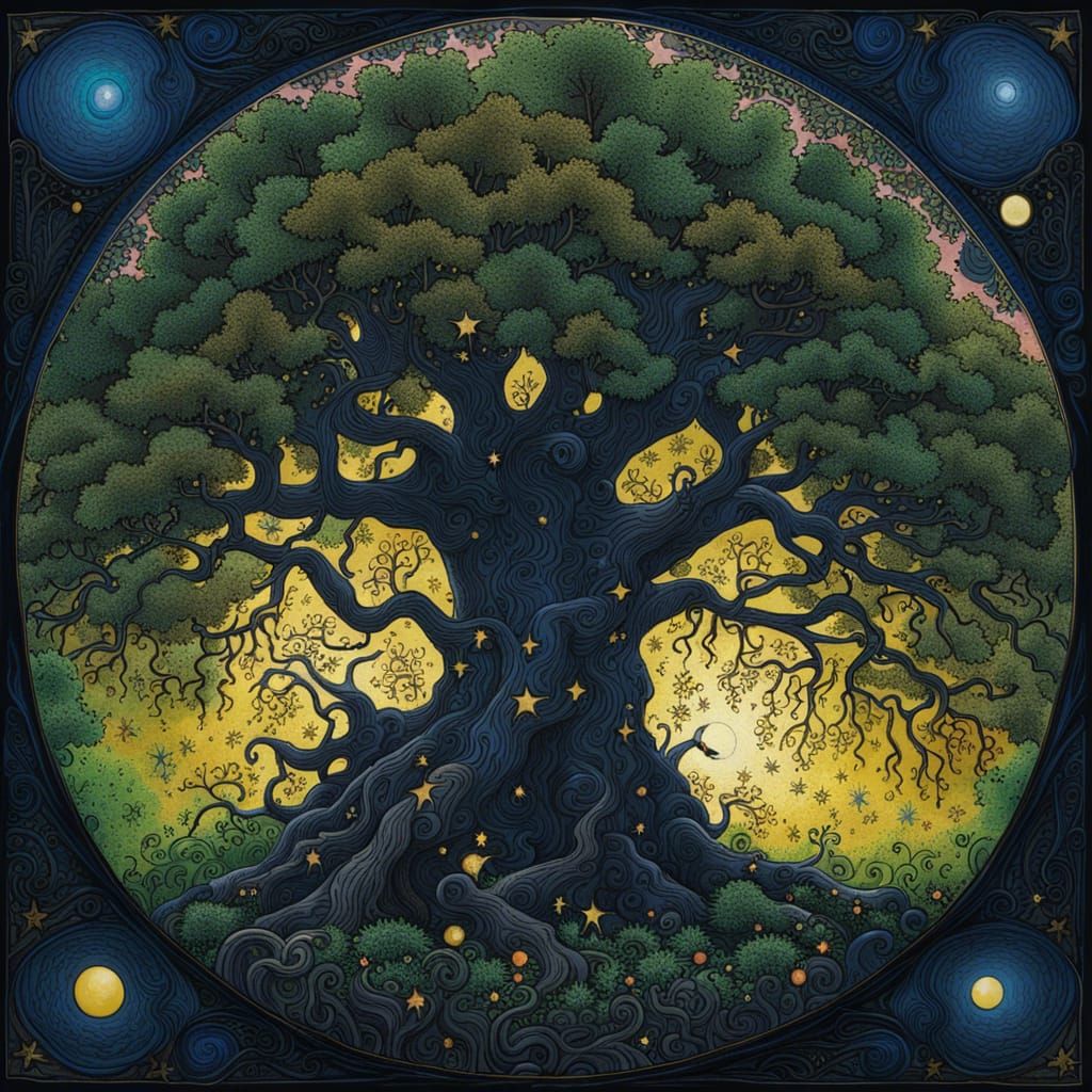 Gothic Oak Tree Sphere in Starry Night Sky