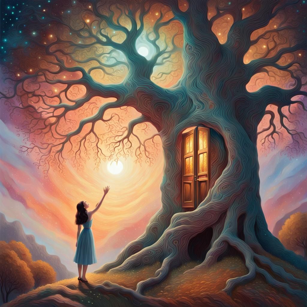 Enchanted Tree with Glowing Door: Surreal Oil Painting
